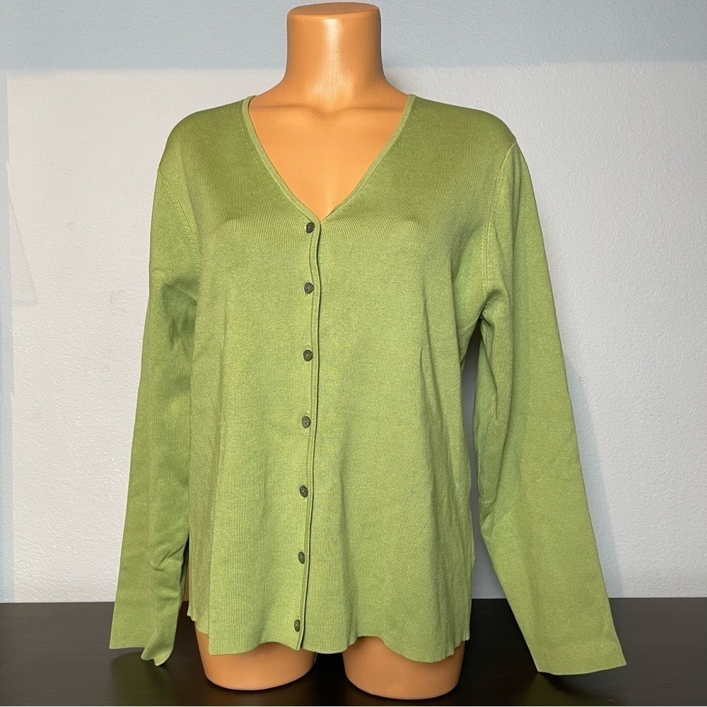 SILK Knit Petite Charter Club Oasis Green Button Front Cardigan Size LP